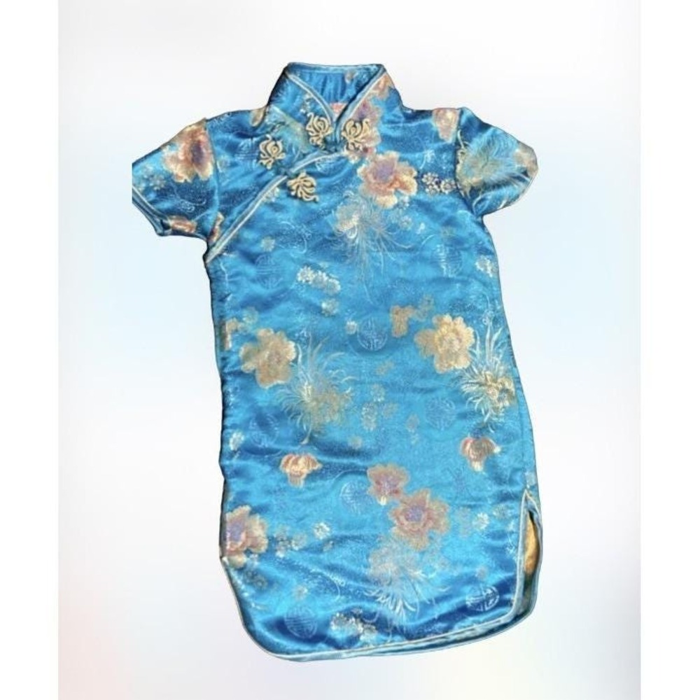 Solz Squirrel Girls Dress Blue Gold Asian Chinese Traditional Flower Size 2